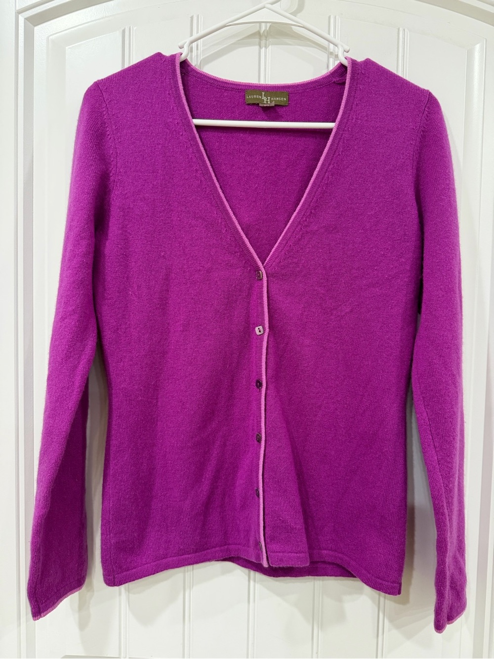 EUC Lauren Hansen Bright Magenta V-Neck Button Cardigan Cashmere